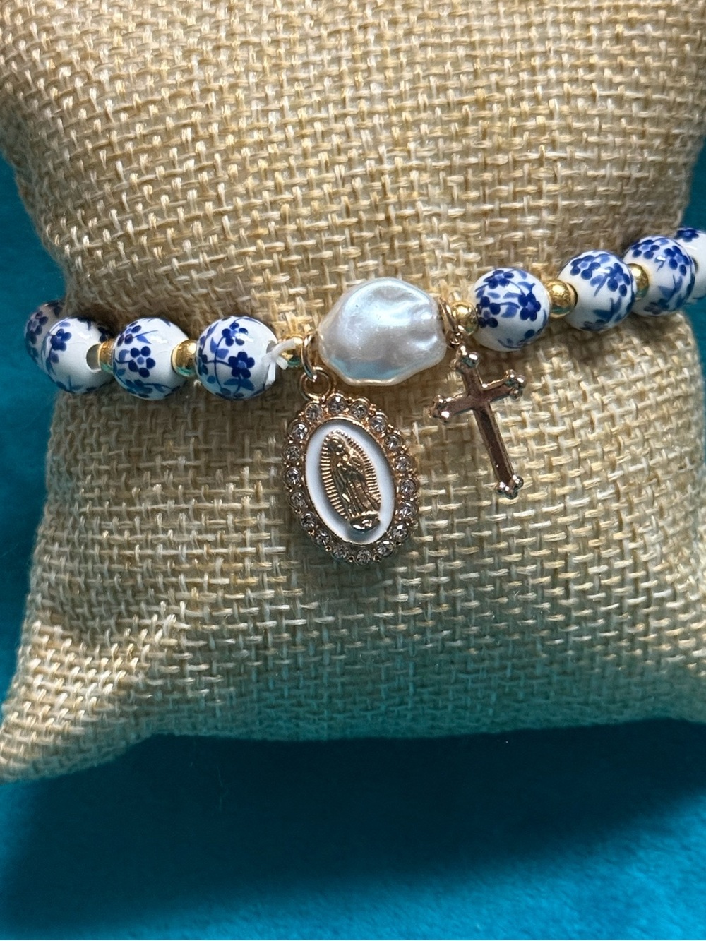Gold Religious Charm Bracelet with Blue and White Beads